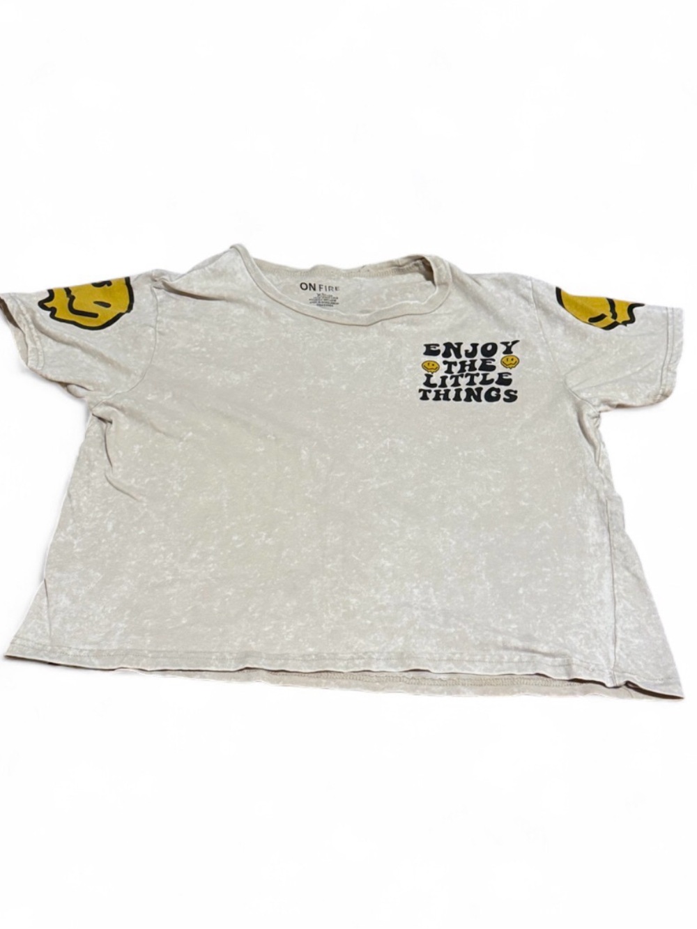 On Fire Cream Crop Tee with Yellow Smiley Sleeve Accents